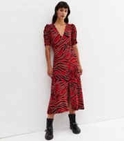 New Look Red Tiger Print V Neck 1/2 Ruched Sleeve Midi Dress